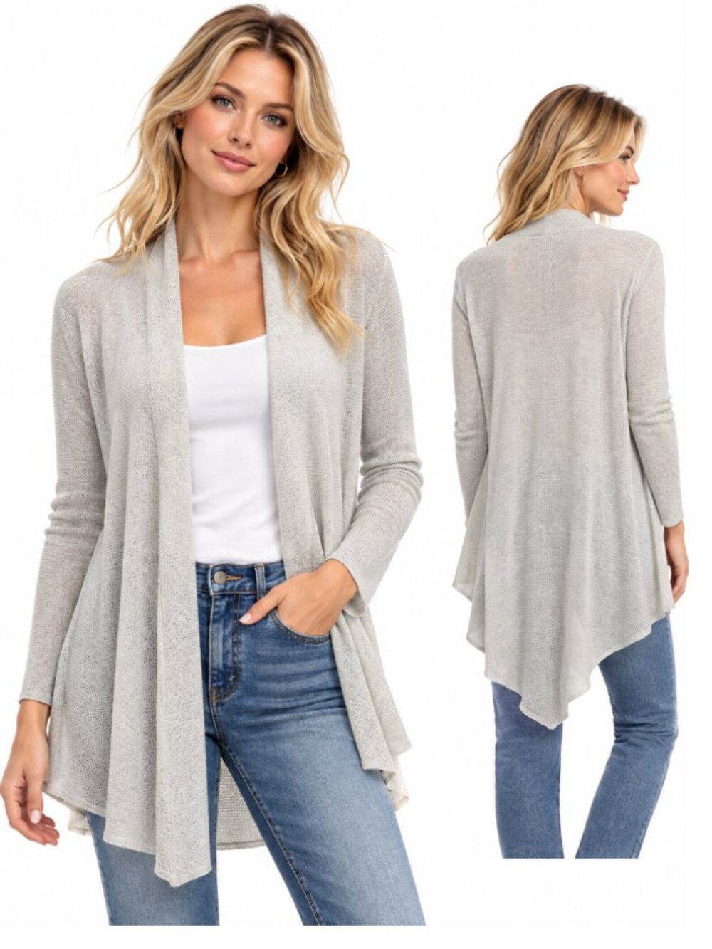 Eileen Fisher Grey Linen Open Front Long Cardigan Large Coastal Quiet Luxury